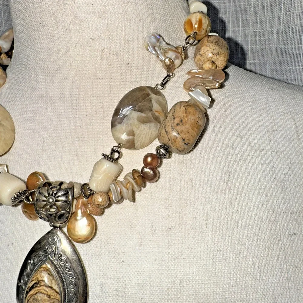 Vintage Sterling Silver Mother of Pearl Jasper‎ Necklace Womens OS Tan Bohemian